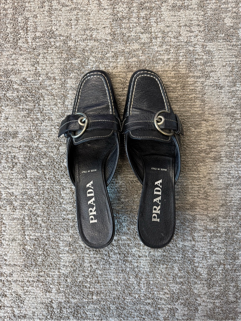 Flawed Authentic Prada Black Leather Slip-On Mules with Ring Accent